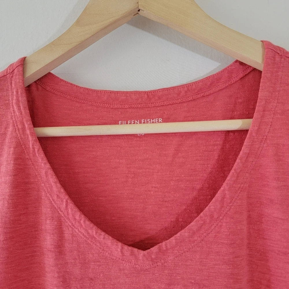 EILEEN FISHER Coral Organic Cotton Midi Dress Sz L Asymmetrical Minimalist - Picture 3 of 10